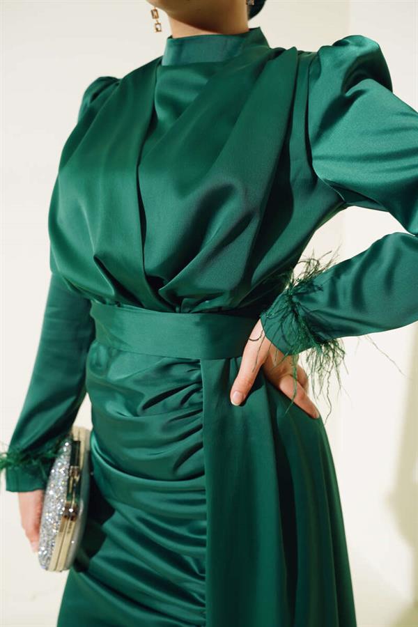 Pleated Feather Cuff Dress Emerald