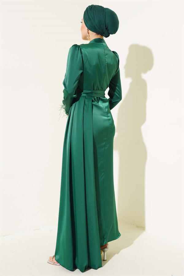 Pleated Feather Cuff Dress Emerald