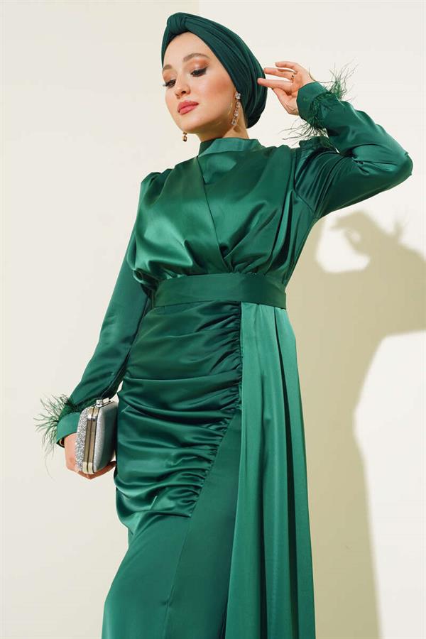 Pleated Feather Cuff Dress Emerald
