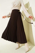 Pleated Skirt with Side Belt Detail, Brown