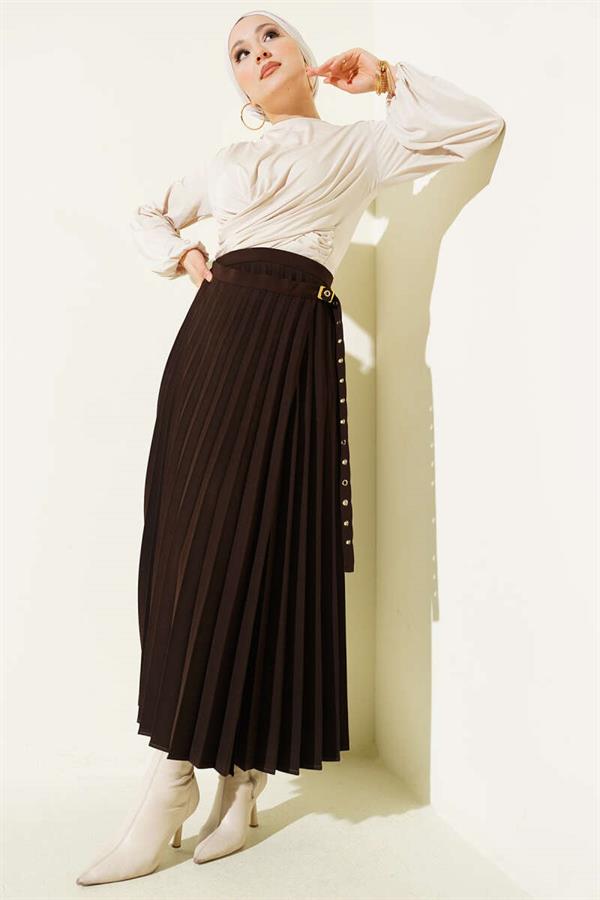 Pleated Skirt with Side Belt Detail, Brown