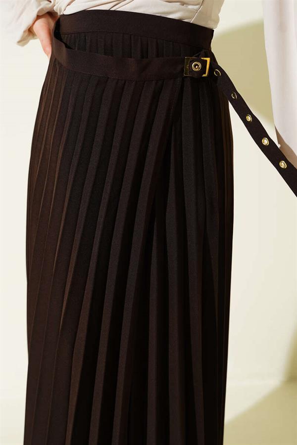 Pleated Skirt with Side Belt Detail, Brown