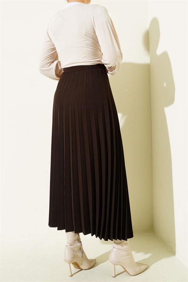 Pleated Skirt with Side Belt Detail, Brown
