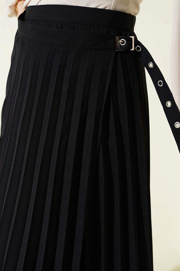 Pleated Skirt with Side Belt Detail, Black