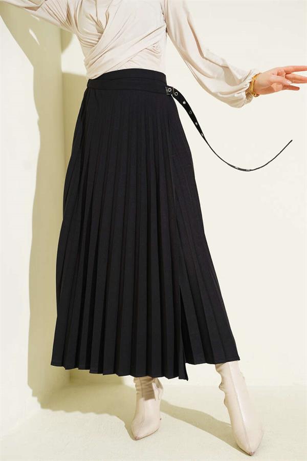 Pleated Skirt with Side Belt Detail, Black
