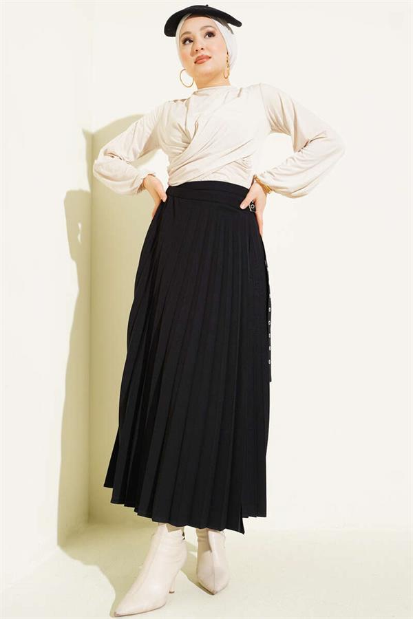 Pleated Skirt with Side Belt Detail, Black