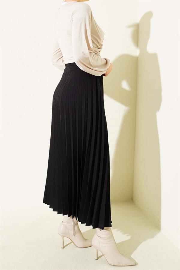 Pleated Skirt with Side Belt Detail, Black