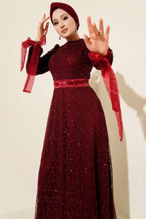 Shimmer Sequined Evening Dress Burgundy