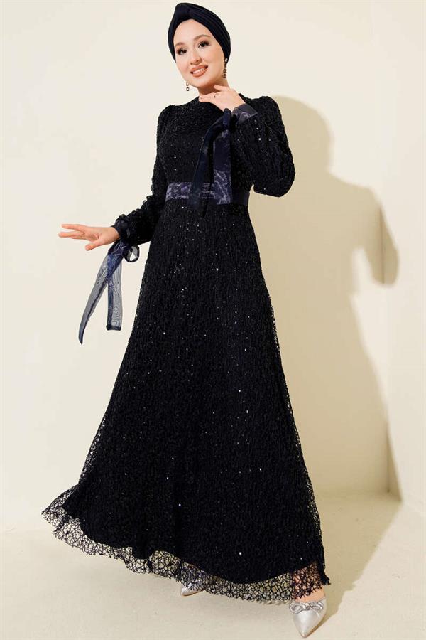 Sparkling Sequined Evening Dress Navy Blue