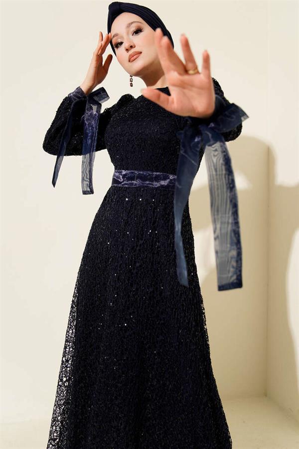 Sparkling Sequined Evening Dress Navy Blue