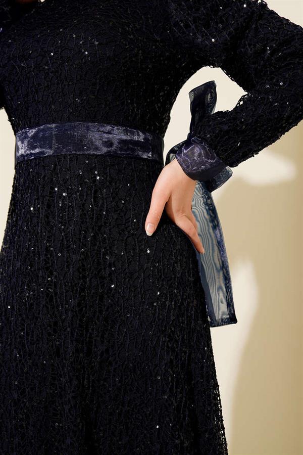 Sparkling Sequined Evening Dress Navy Blue