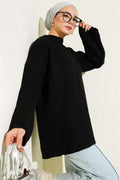 Rice Stitch Low Shoulder Knit Tunic Black