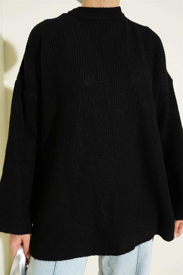Rice Stitch Low Shoulder Knit Tunic Black