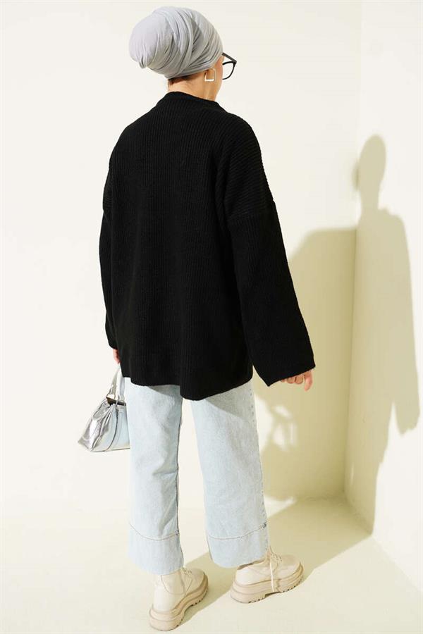 Rice Stitch Low Shoulder Knit Tunic Black