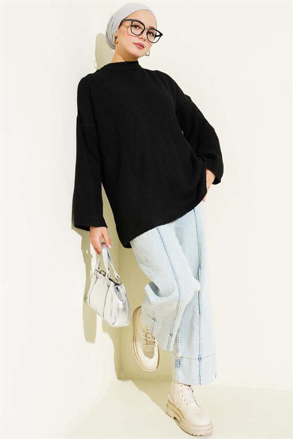 Rice Stitch Low Shoulder Knit Tunic Black
