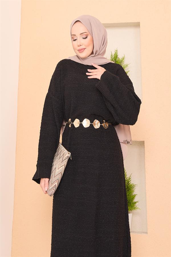 Oversized Hijab Dress with Patchwork Texture, Black