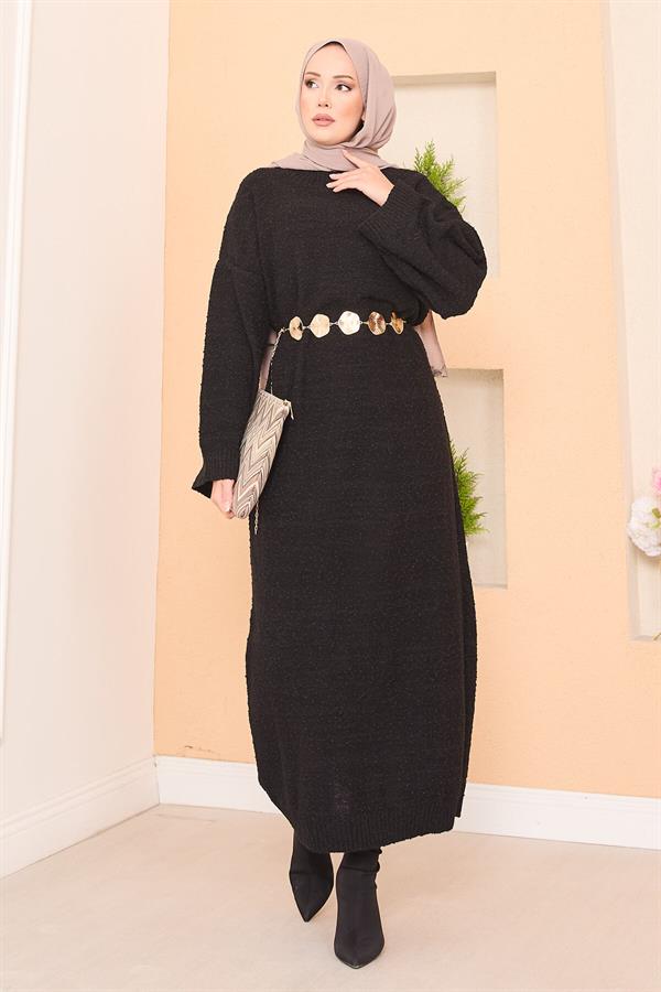 Oversized Hijab Dress with Patchwork Texture, Black