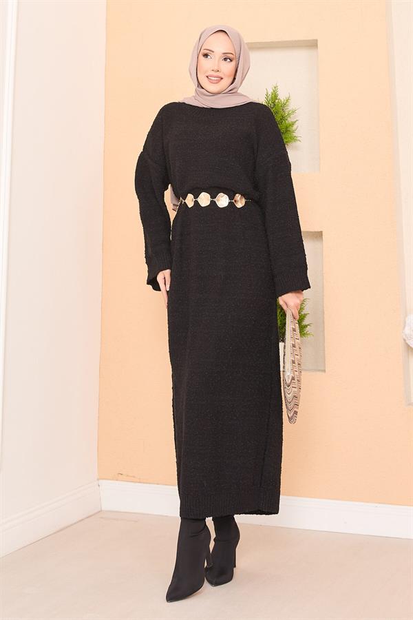 Oversized Hijab Dress with Patchwork Texture, Black