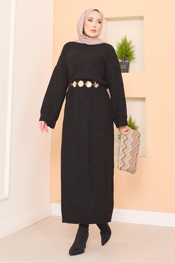 Oversized Hijab Dress with Patchwork Texture, Black