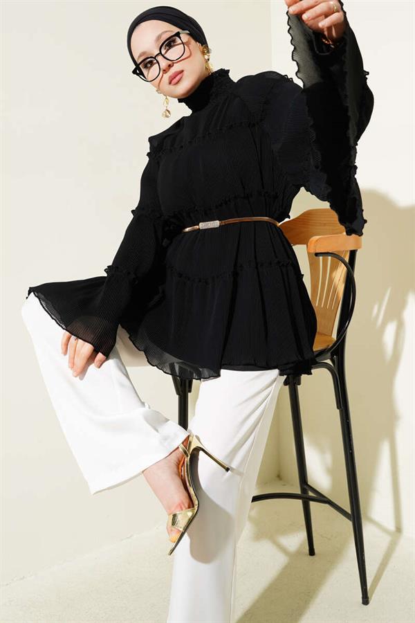 Pleated Layered Loose Tunic Black