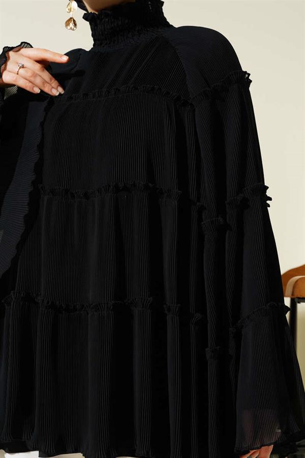 Pleated Layered Loose Tunic Black