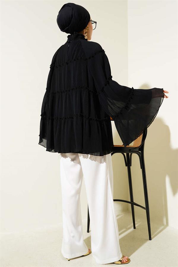 Pleated Layered Loose Tunic Black