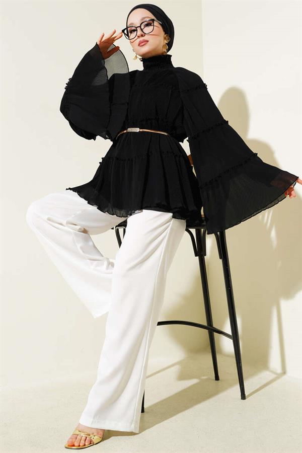 Pleated Layered Loose Tunic Black