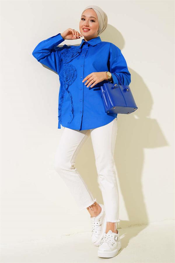 Poplin Rose Embroidered Shirt Saxe