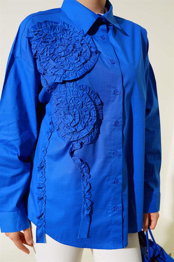 Poplin Rose Embroidered Shirt Saxe