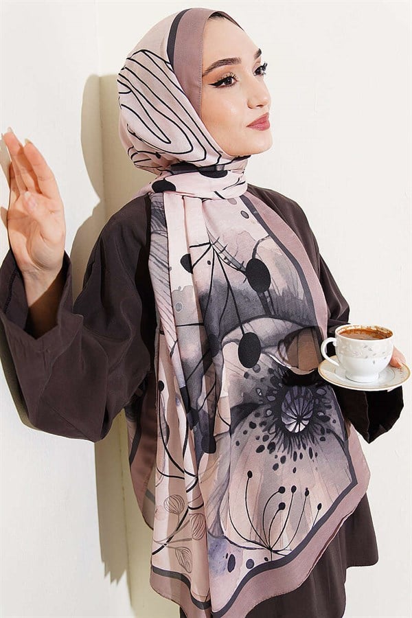 Poppy Pattern Liva Modal Scarf Beige Khaki