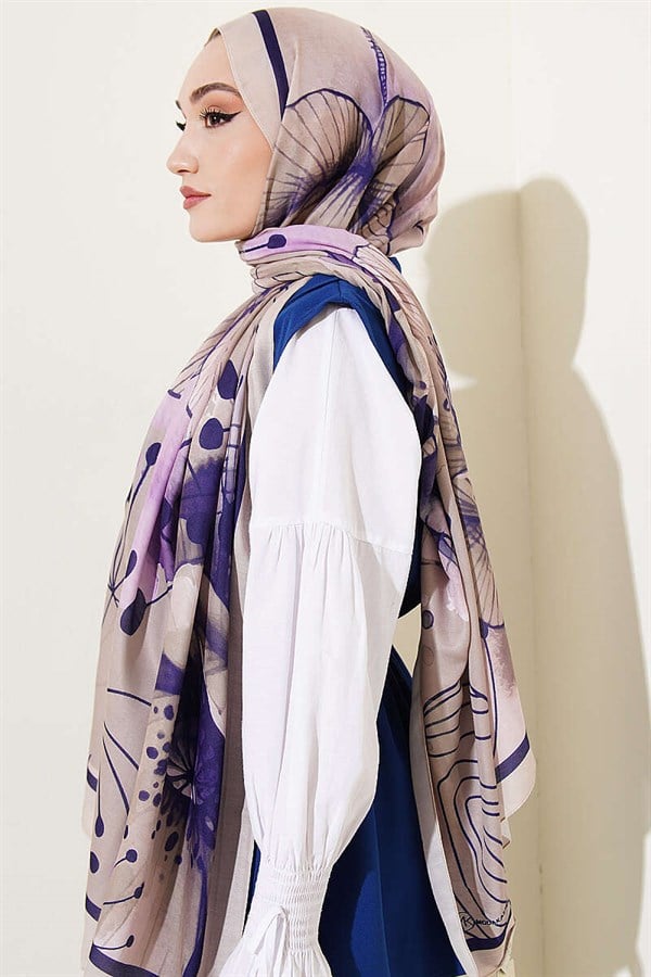 Poppy Pattern Liva Modal Scarf Beige Lilac