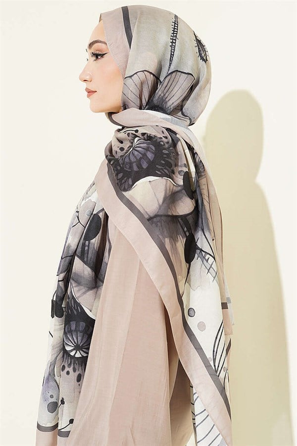 Poppy Pattern Liva Modal Shawl Sand Beige