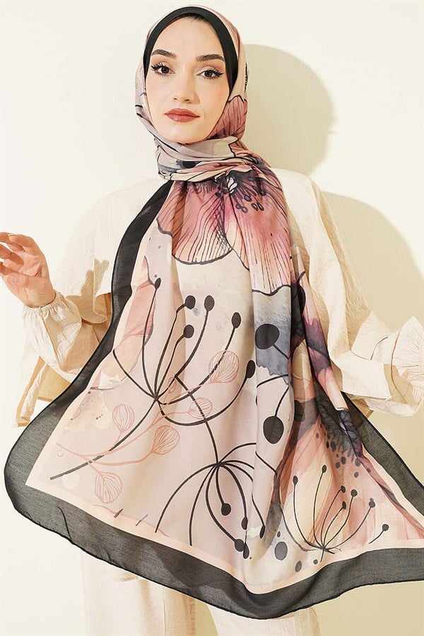 Poppy Pattern Liva Modal Scarf Black Beige