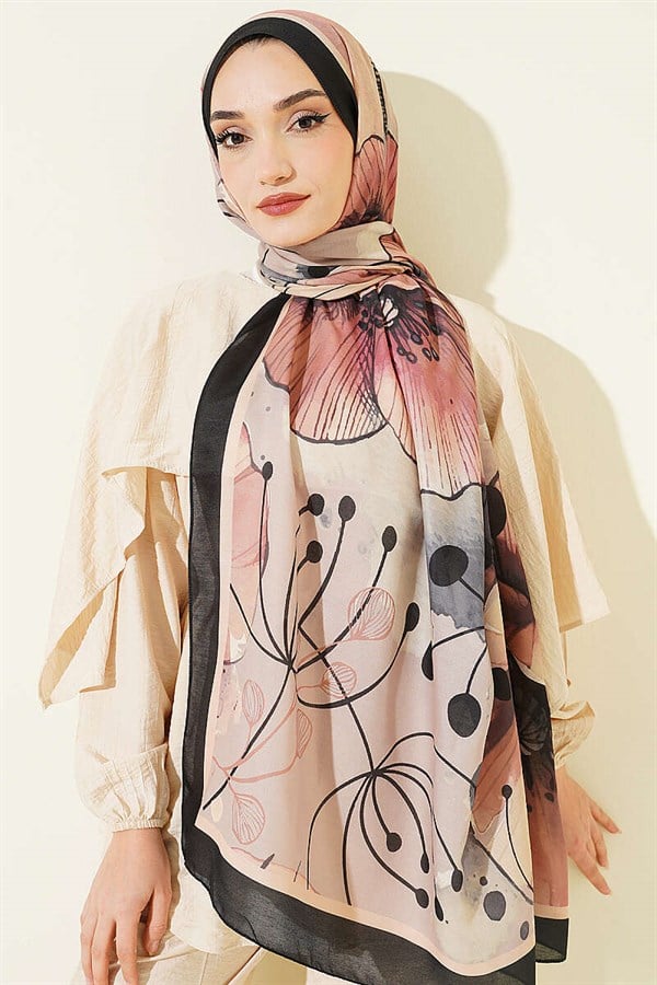Poppy Pattern Liva Modal Scarf Black Beige