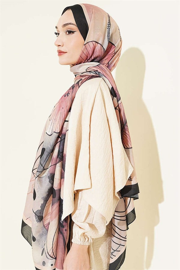 Poppy Pattern Liva Modal Scarf Black Beige