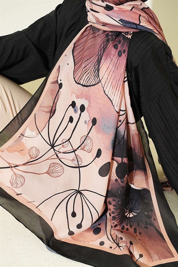 Poppy Pattern Liva Modal Scarf Black Salmon