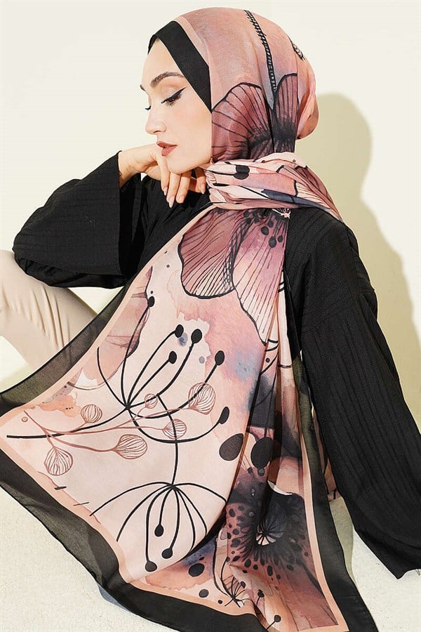 Poppy Pattern Liva Modal Scarf Black Salmon
