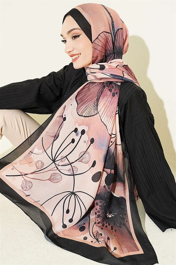 Poppy Pattern Liva Modal Scarf Black Salmon