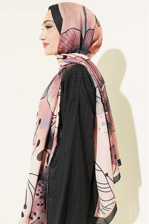 Poppy Pattern Liva Modal Scarf Black Salmon