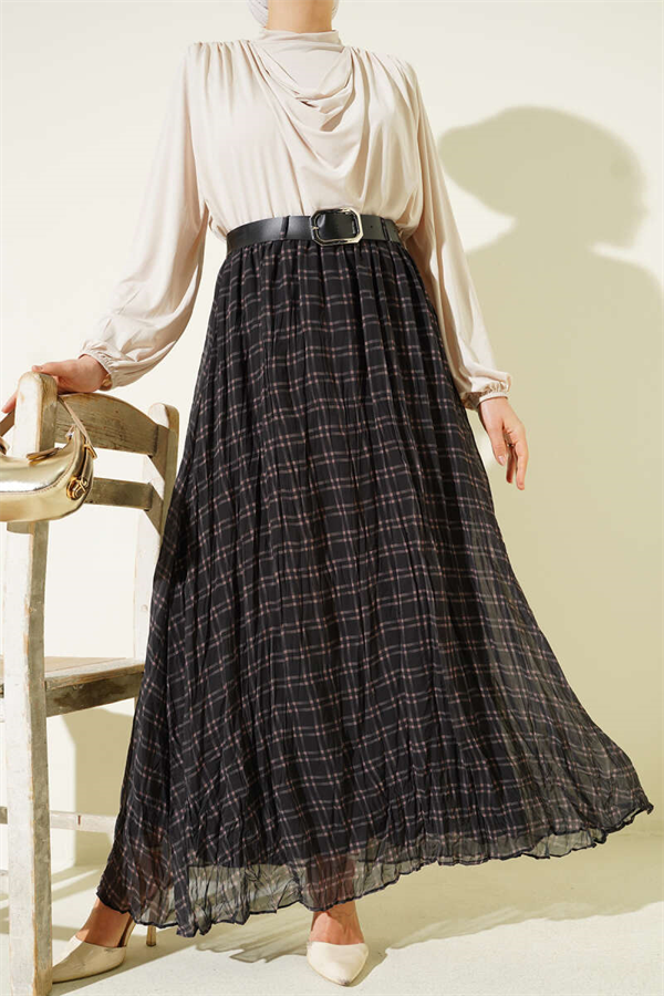 Gingham Belted Wrinkled Chiffon Skirt, Khaki