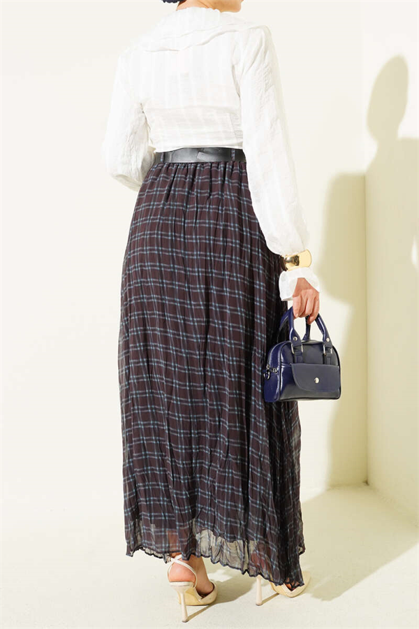 Gingham Belted Wrinkled Chiffon Skirt Black