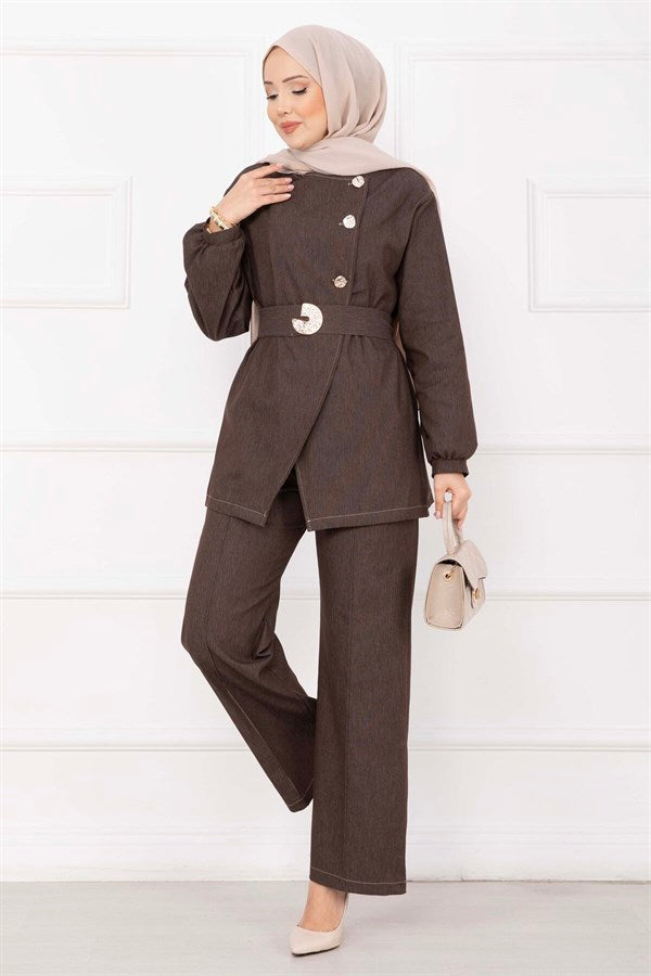 Premium Gold Buttoned Belted Denim Suit in Coffee Brown