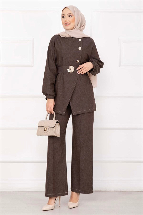 Premium Gold Buttoned Belted Denim Suit in Coffee Brown