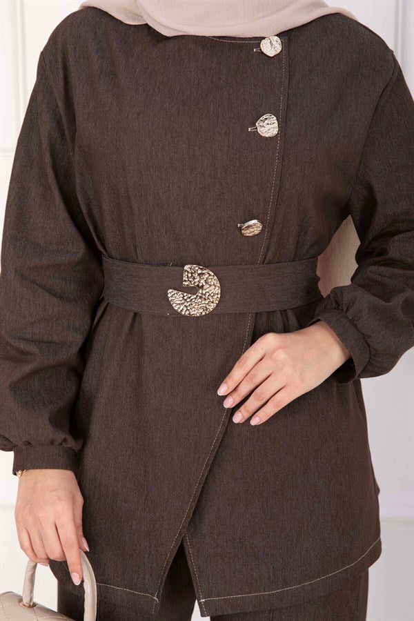 Premium Gold Buttoned Belted Denim Suit in Coffee Brown