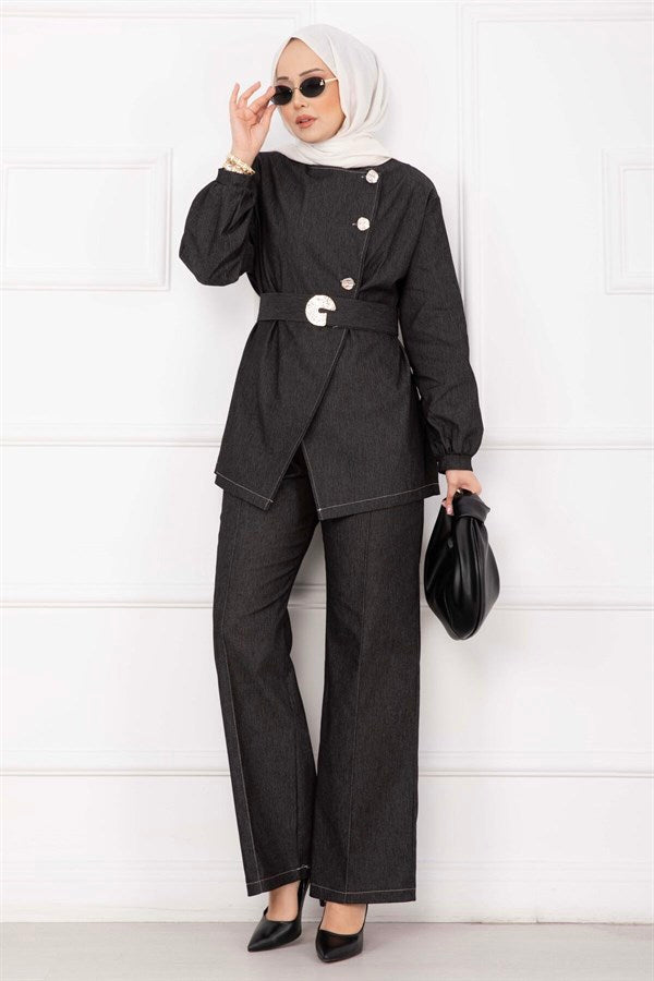 Premium Gold Buttoned Belted Denim Suit Black