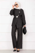 Premium Gold Buttoned Belted Denim Suit Black