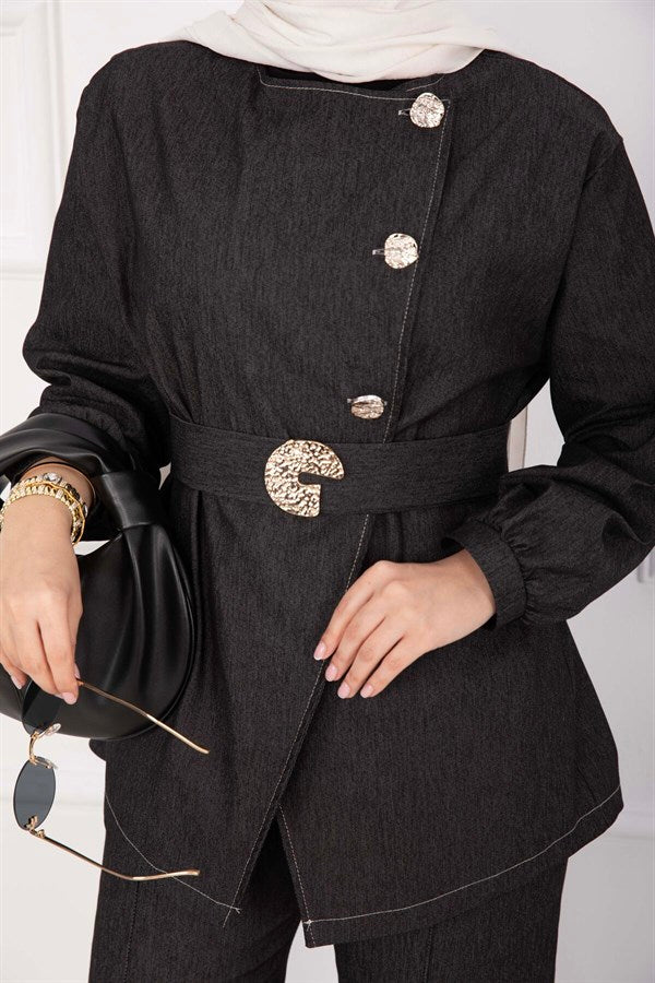 Premium Gold Buttoned Belted Denim Suit Black