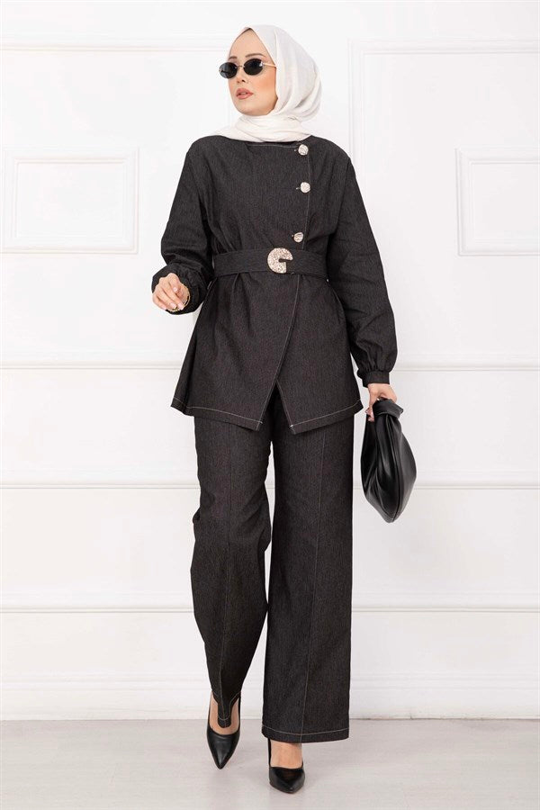 Premium Gold Buttoned Belted Denim Suit Black