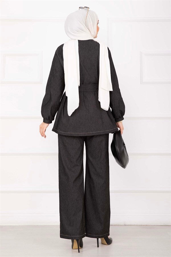 Premium Gold Buttoned Belted Denim Suit Black