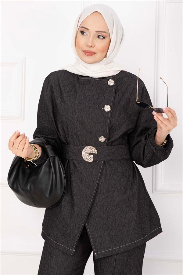 Premium Gold Buttoned Belted Denim Suit Black